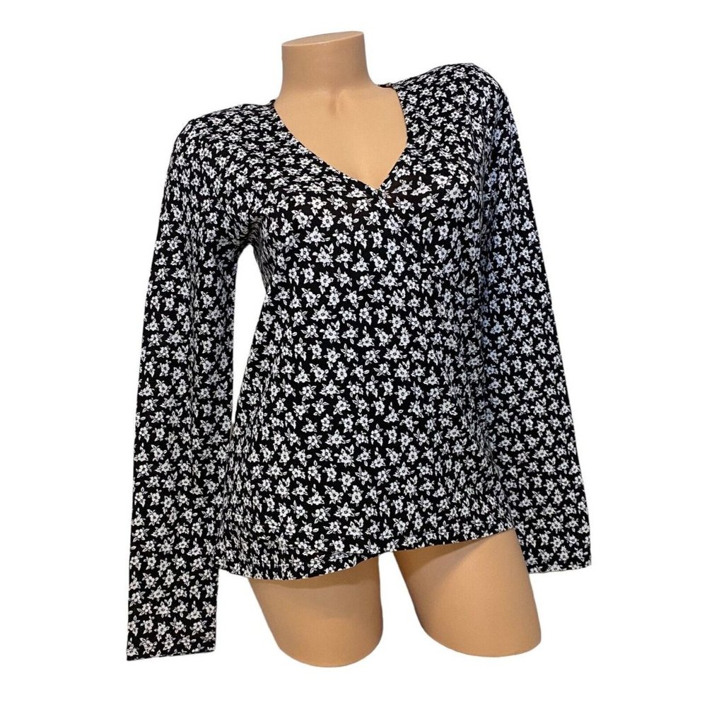 Michael Kors Women's MEDIUM Long Sleeve Print Wrap Top Floral Black White Blouse